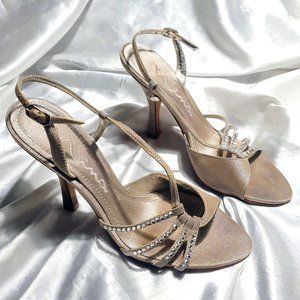NINA rose gold bling sparkly strappy high heel.sandals rhinestone accents SZ 7.5